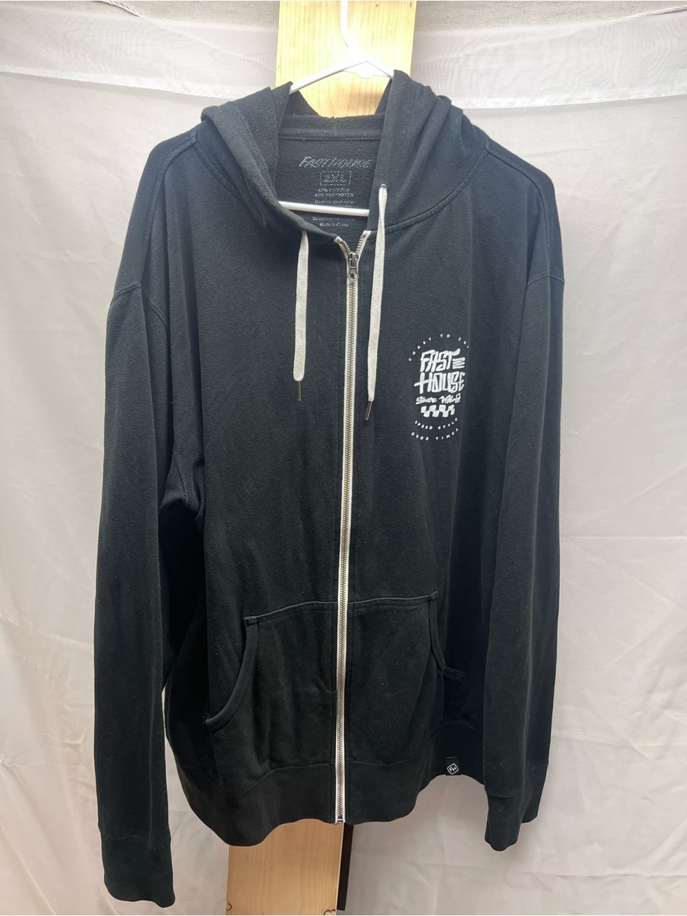 Fast House Primitive modern Vintage Black Zip Hoodie with White Logo